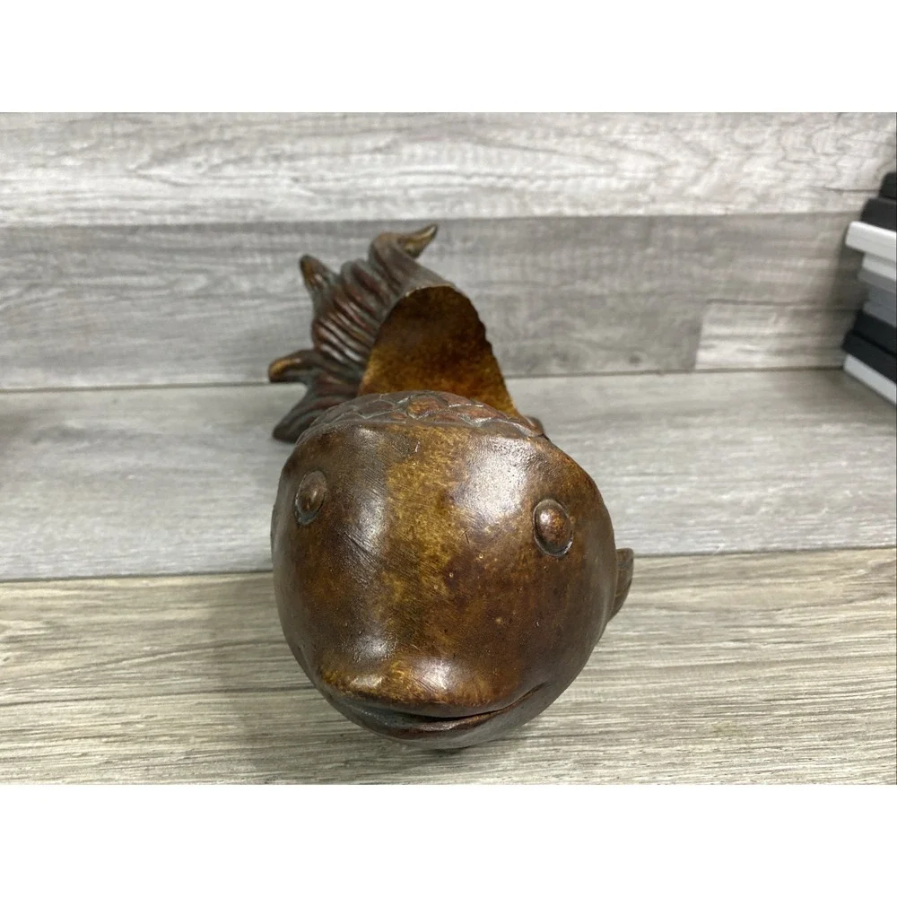 Japanese Fish Bowl Sculpture, Vintage Resin Wood‎ Look Koi Candle Holder
